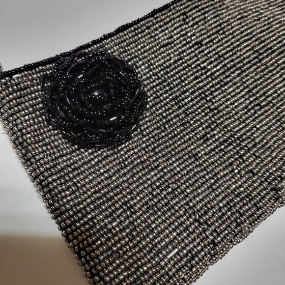 Embellished Black and Silver Beaded Wristlet with Flower - Picture 3 of 5